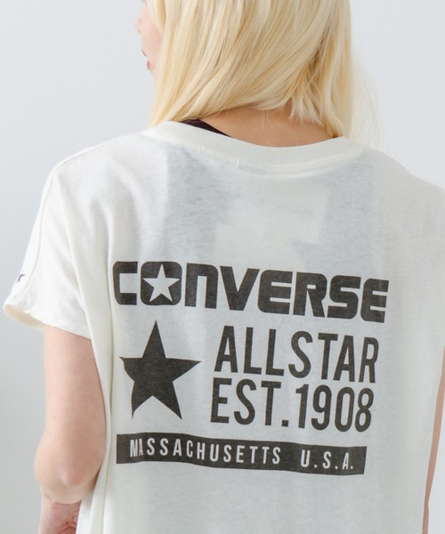 CONVERSE（コンバース）の「【CONVERSE/コンバース】ラウンドヘム フレンチスリーブ Tシャツ（Tシャツ/カットソー・レディース・オフホワイト/ブラック/サックスブルー・MEDIUM）」の3枚目の写真