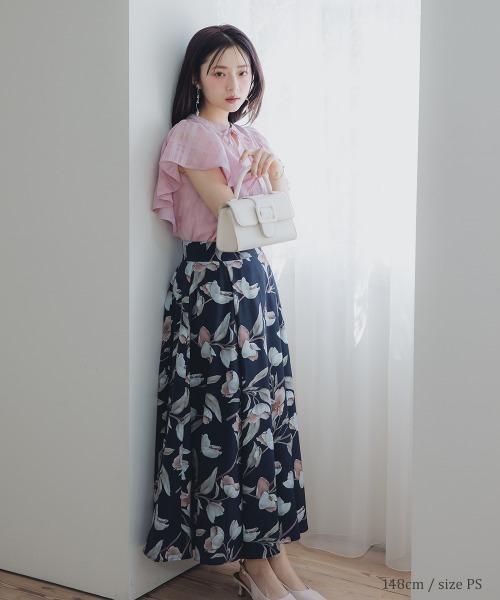 cheek　スカート　ネイビー　Sサイズ(未使用) セール】小さいサイズ 花柄ドラマティックフレアスカート 低身長