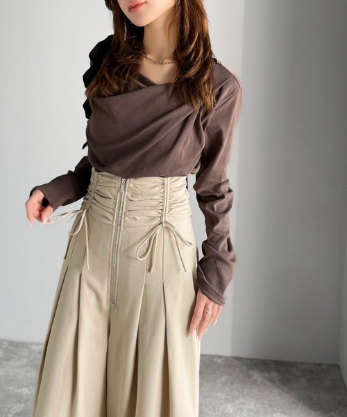 mily bilet（ミウィビレット）の「【mily bilet】コルセット風で“キュッ”と細見え。ウエストシャーリングハイウエストタック入りワイドパンツ（その他パンツ・レディース・アイボリー/ブラック/グレー系その他・X-LARGE/SMALL/MEDIUM/LARGE）」の6枚目の写真