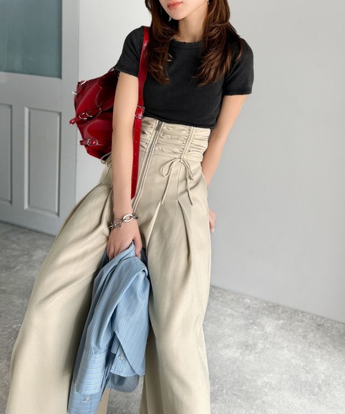 mily bilet（ミウィビレット）の「【mily bilet】コルセット風で“キュッ”と細見え。ウエストシャーリングハイウエストタック入りワイドパンツ（その他パンツ・レディース・アイボリー/ブラック/グレー系その他・X-LARGE/SMALL/MEDIUM/LARGE）」の9枚目の写真