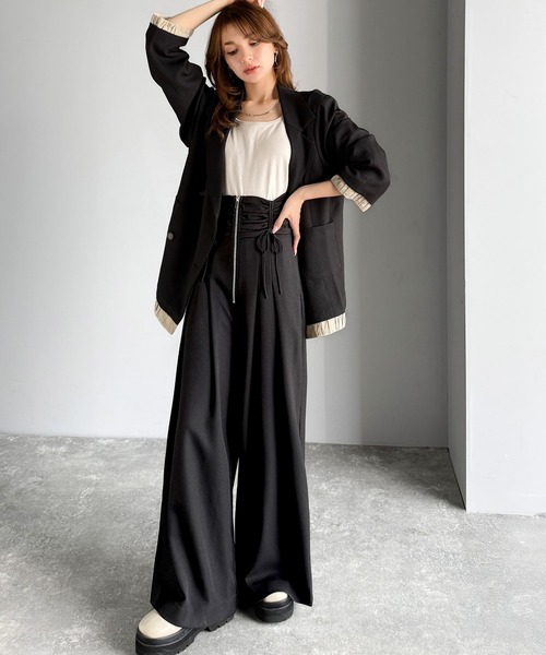 mily bilet（ミウィビレット）の「【mily bilet】コルセット風で“キュッ”と細見え。ウエストシャーリングハイウエストタック入りワイドパンツ（その他パンツ・レディース・アイボリー/ブラック/グレー系その他・X-LARGE/SMALL/MEDIUM/LARGE）」の16枚目の写真