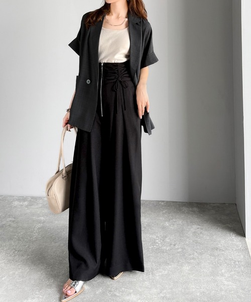 mily bilet（ミウィビレット）の「【mily bilet】コルセット風で“キュッ”と細見え。ウエストシャーリングハイウエストタック入りワイドパンツ（その他パンツ・レディース・アイボリー/ブラック/グレー系その他・X-LARGE/SMALL/MEDIUM/LARGE）」の11枚目の写真