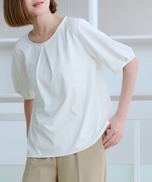 【透けない白・UVカット】透けないカットソー/半袖/ホワイト/クルーネック/フロントタック|通勤&オフィス&インターン&実習|自宅で洗える・ストレッチ・防止シワ|
