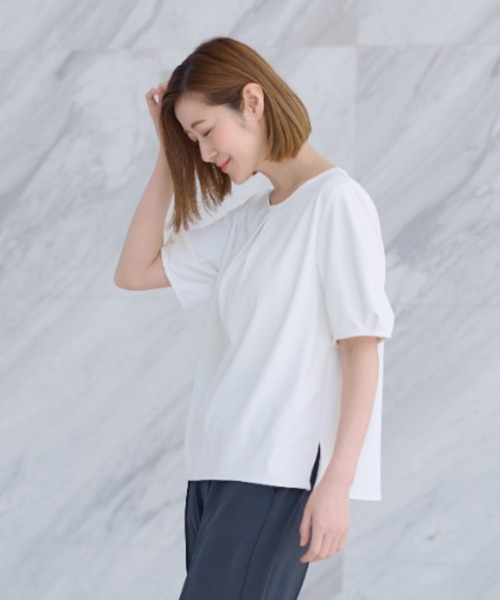 AOYAMA(アオヤマ)の「【透けない白・UVカット】透けないカットソー/半袖/ホワイト/クルーネック/フロントタック|通勤&オフィス&インターン&実習|自宅で洗える・ストレッチ・防止シワ|(Tシャツ/カットソー・レディース・ホワイト系1/ホワイト系2・LL/S/M/L)」の18枚目の写真