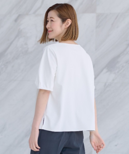 AOYAMA(アオヤマ)の「【透けない白・UVカット】透けないカットソー/半袖/ホワイト/クルーネック/フロントタック|通勤&オフィス&インターン&実習|自宅で洗える・ストレッチ・防止シワ|(Tシャツ/カットソー・レディース・ホワイト系1/ホワイト系2・LL/S/M/L)」の16枚目の写真