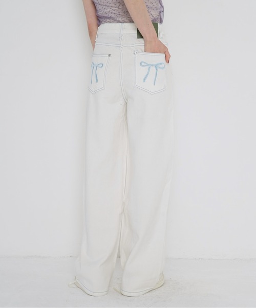 Uenui（ウニュイ）の「【 cunii 】 ワイド レッグ リボン ジーンズ（デニムパンツ・レディース・パープル/ピンク/ブルー・FREE）」の2枚目の写真