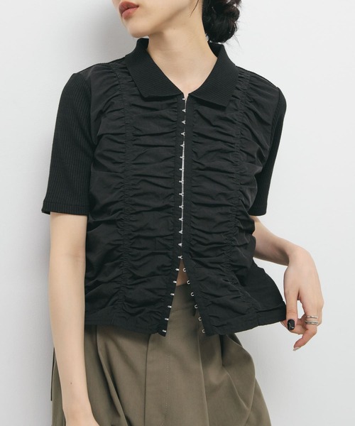 セール】フロントホックシャーリングRIBトップス（Tシャツ