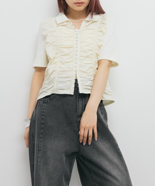 セール】フロントホックシャーリングRIBトップス（Tシャツ