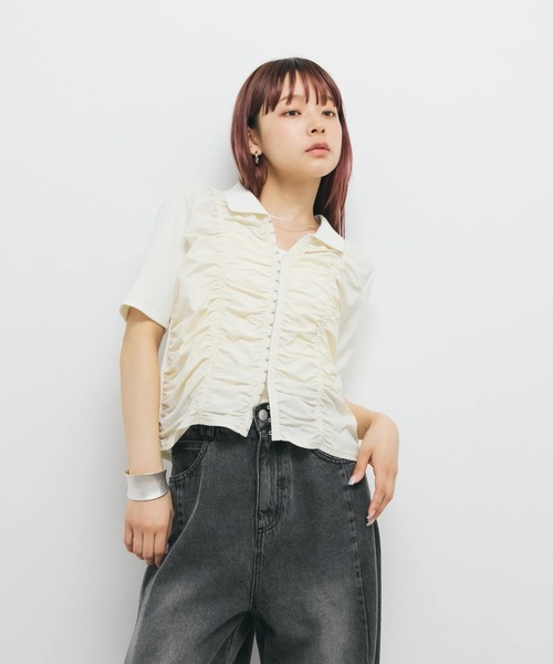 フロントホックシャーリングRIBトップス セール】フロントホックシャーリングRIBトップス（Tシャツ
