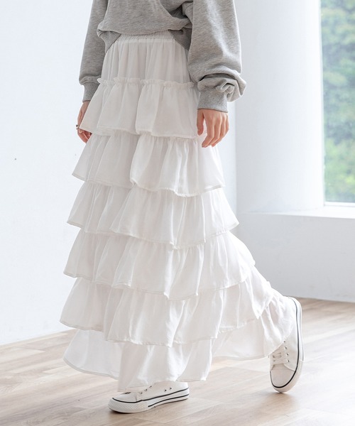 ロング丈/裏地付き/軽いのにボリューミー】ドレッシーティアードフリル