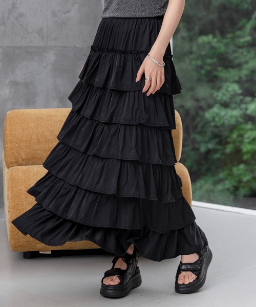 ロング丈/裏地付き/軽いのにボリューミー】ドレッシーティアードフリル