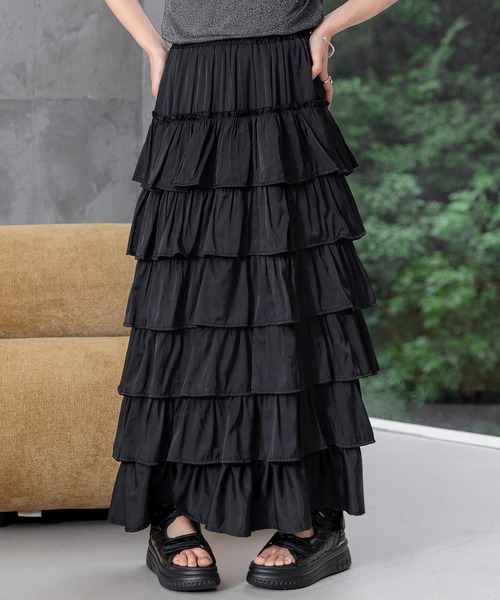 DAY CLOSET（デイ クローゼット）の「【ロング丈/裏地付き/軽いのにボリューミー】ドレッシーティアードフリルスカート レディース（スカート・レディース・ブラック/ホワイト・FREE）」の4枚目の写真
