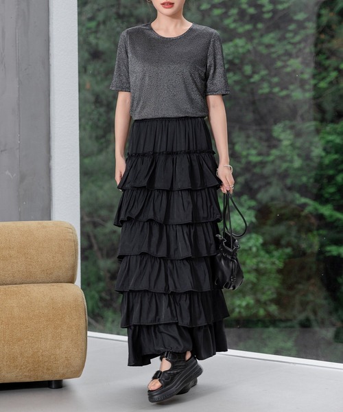 ロング丈/裏地付き/軽いのにボリューミー】ドレッシーティアードフリル