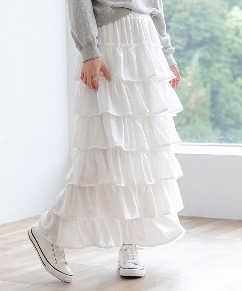 DAY CLOSET（デイ クローゼット）の「【ロング丈/裏地付き/軽いのにボリューミー】ドレッシーティアードフリルスカート レディース（スカート・レディース・ブラック/ホワイト・FREE）」の17枚目の写真