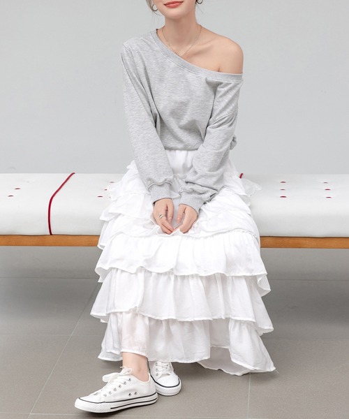 ロング丈/裏地付き/軽いのにボリューミー】ドレッシーティアードフリル