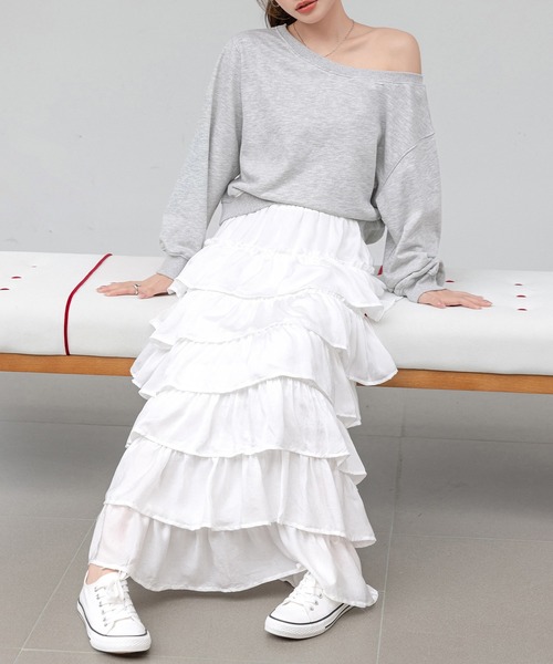 ロング丈/裏地付き/軽いのにボリューミー】ドレッシーティアードフリル