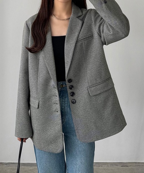 apuntob アプントビー　グレー ヘリンボーン テーラードジャケット セール】ボタンデザインヘリンボーンテーラードジャケット（テーラード