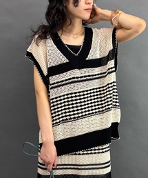 NICOLE white（ニコルホワイト）の「メッシュボーダーニットベスト（ベスト）」