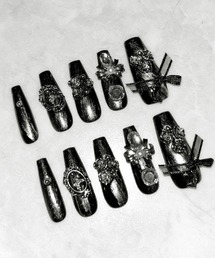 me+em select(~[ZNg)̃JI{^bNubNOlC`bv ^ cameo ribbon metallic black long nail tips(lCV[/lC`bv)