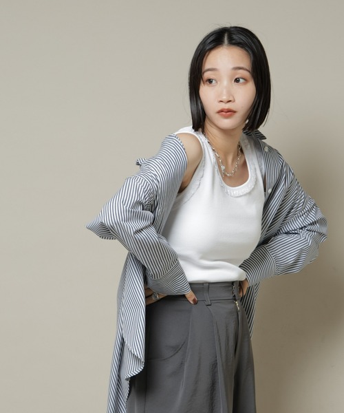 NANO universe（ナノユニバース）の「レーストリミングタンクトップ（タンクトップ・レディース・ホワイト/ブラック/ライトブラウン・FREE）」の6枚目の写真