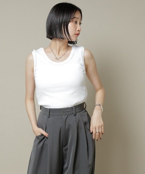 NANO universe（ナノユニバース）の「レーストリミングタンクトップ（タンクトップ・レディース・ホワイト/ブラック/ライトブラウン・FREE）」の4枚目の写真