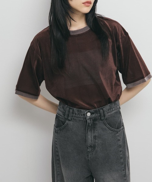 KBF（ケイビーエフ）の「メッシュベロアリンガーTEE（Tシャツ/カットソー・レディース・ブラウン/ライトベージュ・ONE）」の3枚目の写真