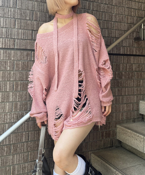 SPIRALGIRL（スパイラルガール）の「スカーフ付きダメージオーバーニット（ニット/セーター・レディース・グレー/ホワイト/ピンク・FREE）」の3枚目の写真