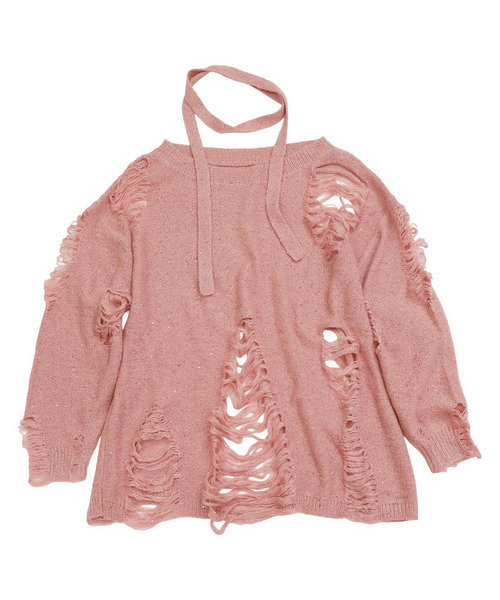 SPIRALGIRL（スパイラルガール）の「スカーフ付きダメージオーバーニット（ニット/セーター・レディース・グレー/ホワイト/ピンク・FREE）」の7枚目の写真