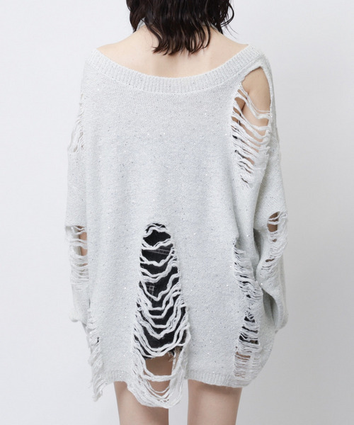 SPIRALGIRL（スパイラルガール）の「スカーフ付きダメージオーバーニット（ニット/セーター・レディース・グレー/ホワイト/ピンク・FREE）」の11枚目の写真