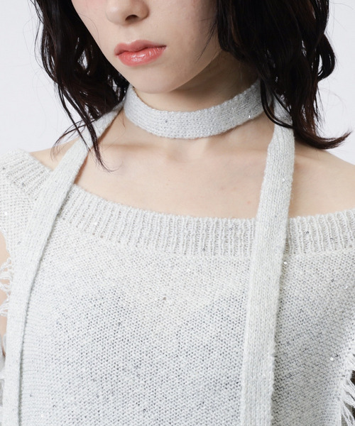 SPIRALGIRL（スパイラルガール）の「スカーフ付きダメージオーバーニット（ニット/セーター・レディース・グレー/ホワイト/ピンク・FREE）」の12枚目の写真