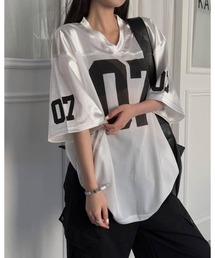 ロゴプリントメッシュ切り替えルーズTシャツ