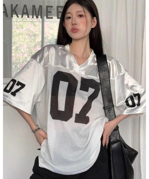 CHEER（チアー）の「ロゴプリントメッシュ切り替えルーズTシャツ（Tシャツ/カットソー・レディース・ホワイト/カーキ・M）」の3枚目の写真