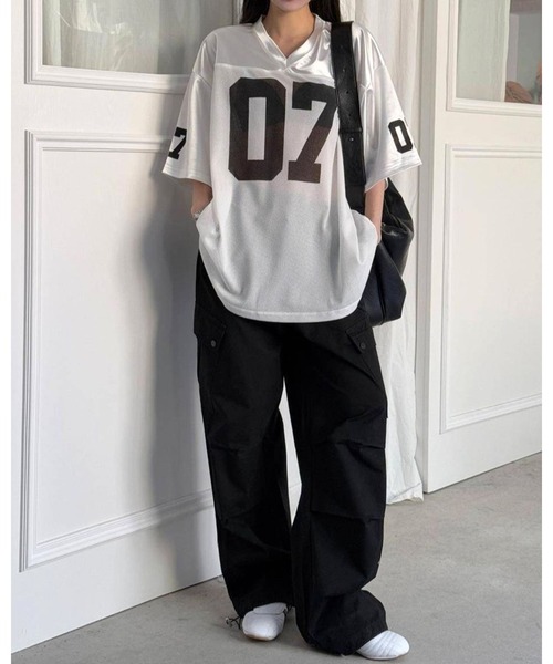 CHEER（チアー）の「ロゴプリントメッシュ切り替えルーズTシャツ（Tシャツ/カットソー・レディース・ホワイト/カーキ・M）」の5枚目の写真