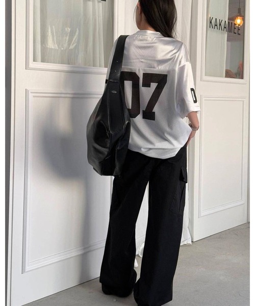 CHEER（チアー）の「ロゴプリントメッシュ切り替えルーズTシャツ（Tシャツ/カットソー・レディース・ホワイト/カーキ・M）」の6枚目の写真