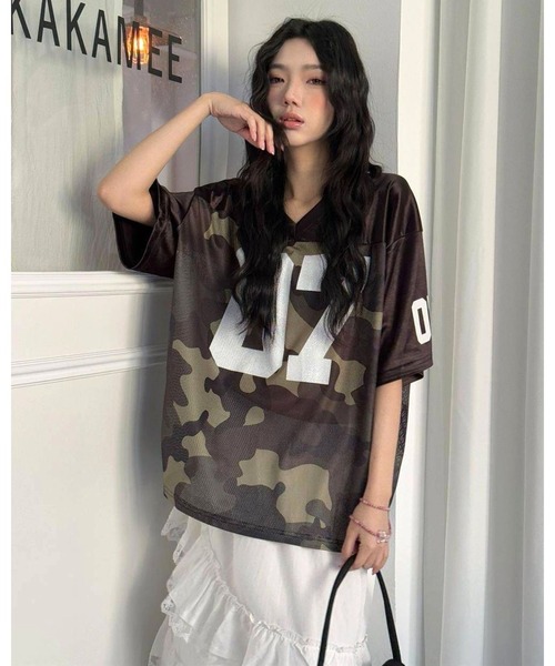 CHEER（チアー）の「ロゴプリントメッシュ切り替えルーズTシャツ（Tシャツ/カットソー・レディース・ホワイト/カーキ・M）」の8枚目の写真