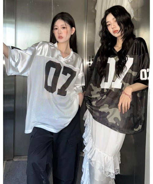 CHEER（チアー）の「ロゴプリントメッシュ切り替えルーズTシャツ（Tシャツ/カットソー・レディース・ホワイト/カーキ・M）」の14枚目の写真