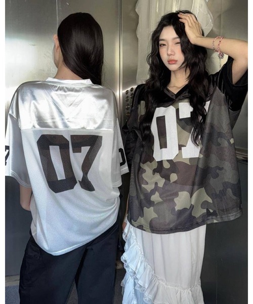 CHEER（チアー）の「ロゴプリントメッシュ切り替えルーズTシャツ（Tシャツ/カットソー・レディース・ホワイト/カーキ・M）」の15枚目の写真