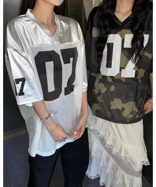 CHEER（チアー）の「ロゴプリントメッシュ切り替えルーズTシャツ（Tシャツ/カットソー・レディース・ホワイト/カーキ・M）」の16枚目の写真