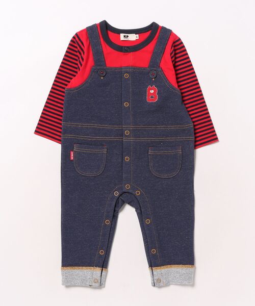 KP(ケーピー)の「レイヤード風ストレッチ裏毛 カバーオール(ロンパース・キッズ・ネイビー/ブラック・70cm/80cm)」の1枚目の写真