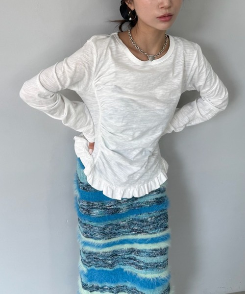 SANSeLF（サンセルフ）の「【SANSeLF】 フリルギャザーカットソー 長袖トップス スリムシルエット saw25a031（Tシャツ/カットソー・レディース・ネイビー/ホワイト/ピンク/ブルー・FREE）」の5枚目の写真