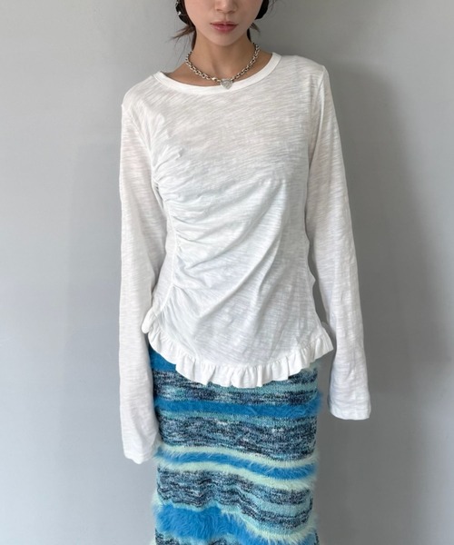 SANSeLF（サンセルフ）の「【SANSeLF】 フリルギャザーカットソー 長袖トップス スリムシルエット saw25a031（Tシャツ/カットソー・レディース・ネイビー/ホワイト/ピンク/ブルー・FREE）」の6枚目の写真