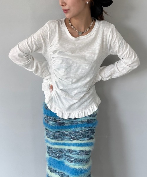 SANSeLF（サンセルフ）の「【SANSeLF】 フリルギャザーカットソー 長袖トップス スリムシルエット saw25a031（Tシャツ/カットソー・レディース・ネイビー/ホワイト/ピンク/ブルー・FREE）」の7枚目の写真