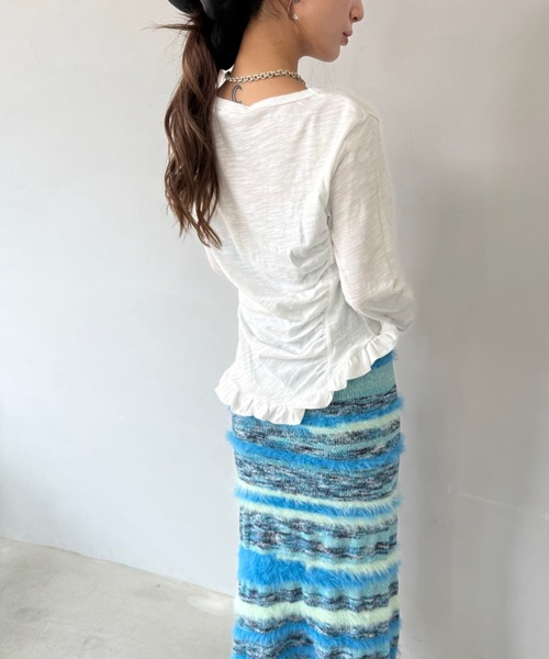 SANSeLF（サンセルフ）の「【SANSeLF】 フリルギャザーカットソー 長袖トップス スリムシルエット saw25a031（Tシャツ/カットソー・レディース・ネイビー/ホワイト/ピンク/ブルー・FREE）」の10枚目の写真