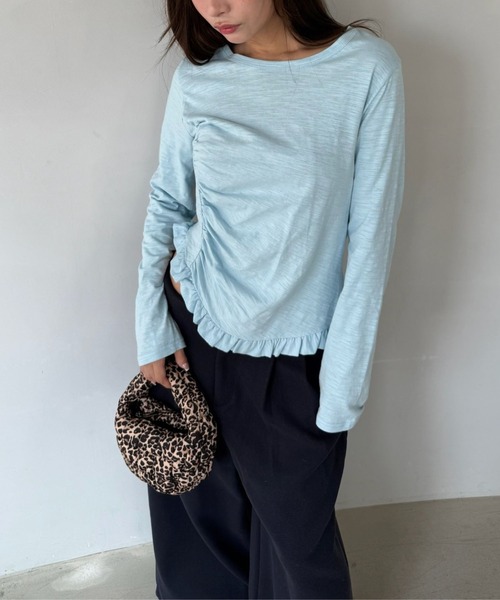 SANSeLF（サンセルフ）の「【SANSeLF】 フリルギャザーカットソー 長袖トップス スリムシルエット saw25a031（Tシャツ/カットソー・レディース・ネイビー/ホワイト/ピンク/ブルー・FREE）」の18枚目の写真