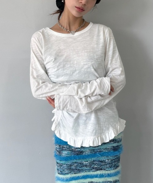 SANSeLF(サンセルフ)の「【SANSeLF】長袖トップス スリムシルエット フリルギャザーカットソー saw25a031(Tシャツ/カットソー・レディース・ネイビー/ホワイト/ピンク/ブルー・FREE)」の7枚目の写真