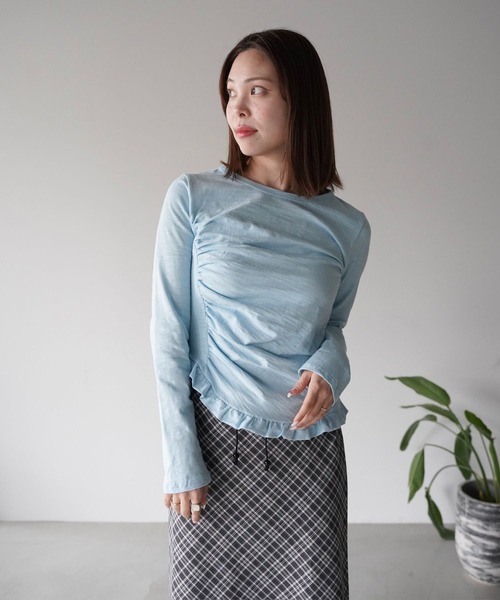 SANSeLF(サンセルフ)の「【SANSeLF】長袖トップス スリムシルエット フリルギャザーカットソー saw25a031(Tシャツ/カットソー・レディース・ネイビー/ホワイト/ピンク/ブルー・FREE)」の11枚目の写真