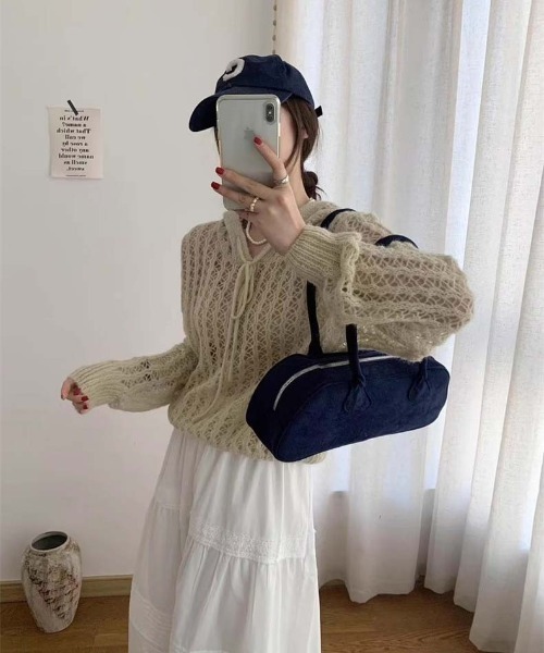 WEGO（ウィゴー）の「WEGO/[レイヤードスタイル]ローゲージニットフード付き透かし網みパーカー/羽織り（ニット/セーター・レディース・ブルー/イエロー/ホワイト・FREE）」の13枚目の写真