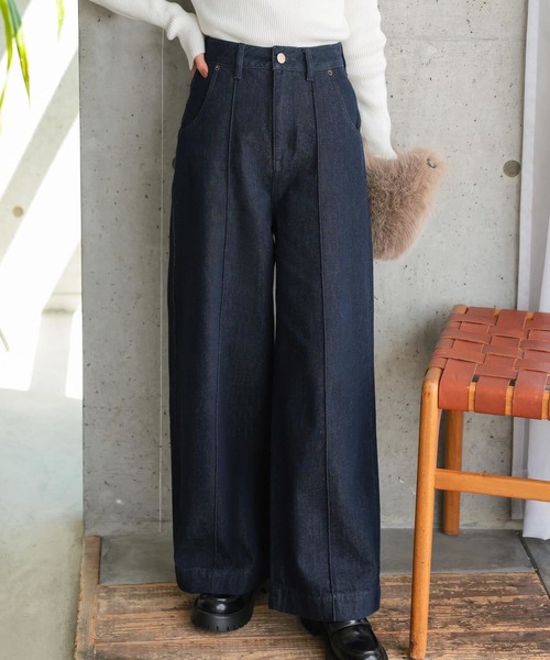 低身長向けサイズ ] ワイドレッグデニムパンツ（デニムパンツ