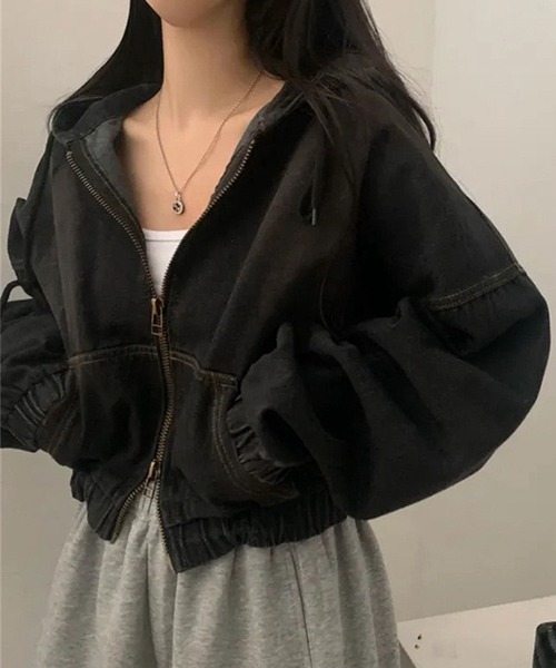 WESTSEA(ウエストシー)の「ショート丈 フード付き デニムジャケット(ブルゾン・レディース・ブラック/ブルー・M/L)」の3枚目の写真