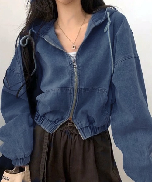 WESTSEA(ウエストシー)の「ショート丈 フード付き デニムジャケット(ブルゾン・レディース・ブラック/ブルー・M/L)」の11枚目の写真